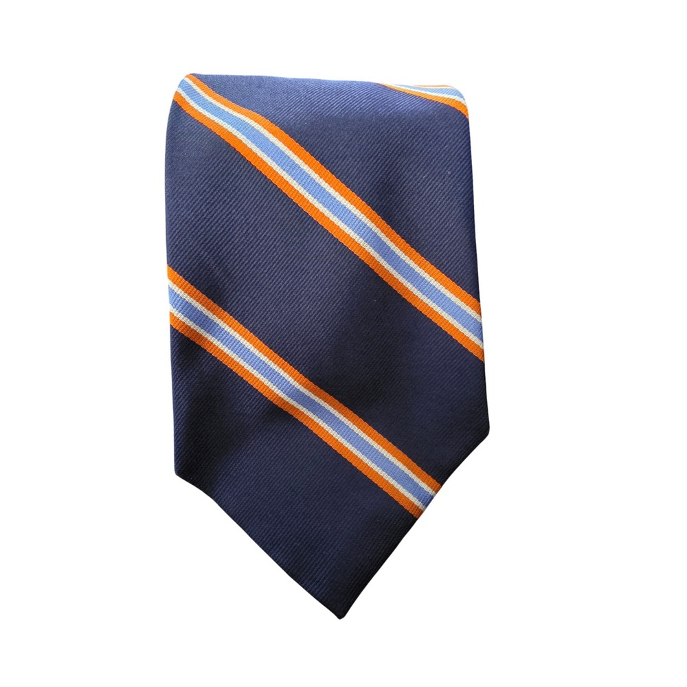 J Crew Navy Blue Orange Blue Stripe 100% English Silk Handmade Mens Tie 58/3.75"
